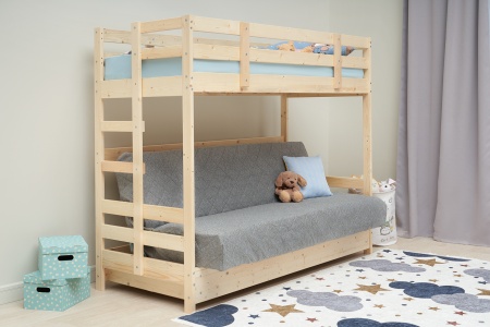 Двухъярусная кровать массив с диван-кроватью светло-серый / натуральный