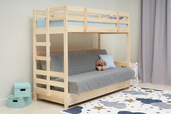 Двухъярусная кровать массив с диван-кроватью светло-серый / натуральный